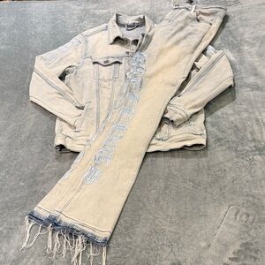 PHEELINGS Light Wash Denim Jacket M and Flare Stack Jeans, 34/34